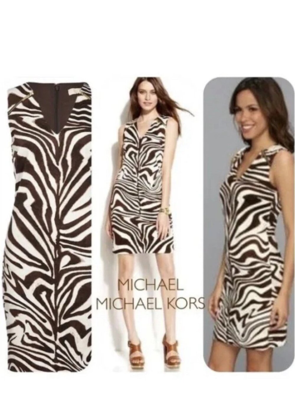 Michael Kors Brown & White Zebra-Print Sleeveless V-Neck Shift Dress
